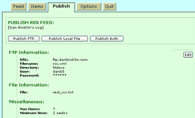 Page with Publish action buttons and FTP info